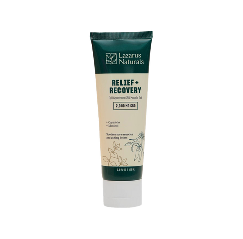 Lazarus Naturals Relief and Recovery gel. white and green product.