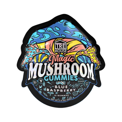 Tre House Blue Raspberry Magic Mushroom Gummies. Blue and black package with cartoons.