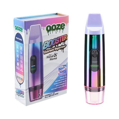Ooze Booster concentrate vaporizer. Rainbow and white packaging, rainbow color device. 