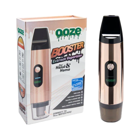 Ooze Booster concentrate vaporizer. Rose gold and white packaging, Rose Gold Device. 