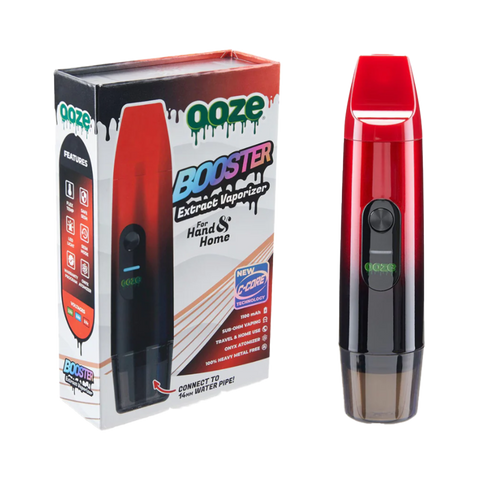 Ooze Booster concentrate vaporizer, red and white packaging, red and black device. 
