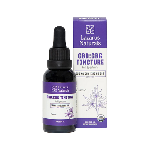 1oz Lazarus Naturals CBD:CBG tincture. white and purple label and box.