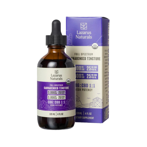 Lazarus Naturals CBD:CBG tincture 4 oz. white and purple label and box.