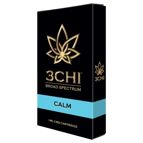 3 CHI Calm CBD 510 Cartridge. Black and Gold Package with Blue label.