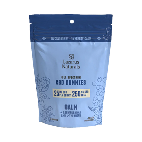 Lazarus Naturals Calm CBD Gummies 10ct. Blue package. 