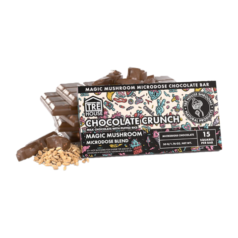 Tre House Chocolate Crunch Mushroom Chocolate Bar multicolor graphic on black packaging.