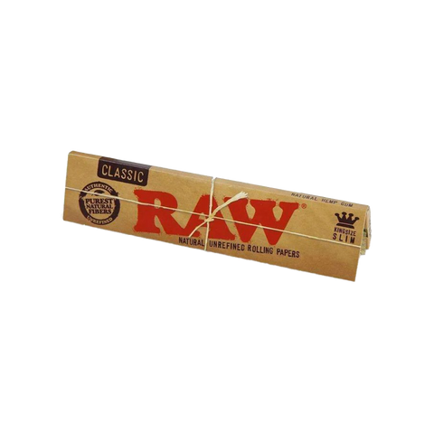 RAW Classic King Size Slim papers. tan package with red and black letters.
