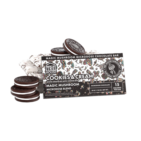 Tre House Cookies and Cream Mushroom Bar, Black and white package with cartoons. 15 pieces per bar.