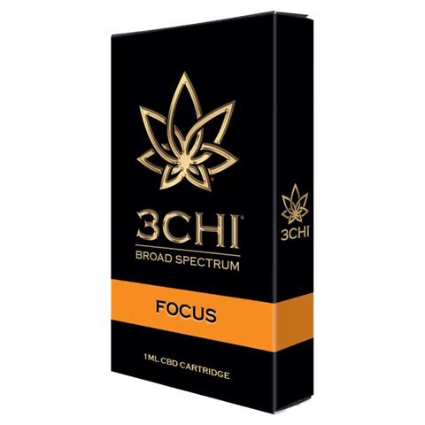 3 CHI Focus CBD 510 Vape Cartridge. Black and gold packaging with orange label.