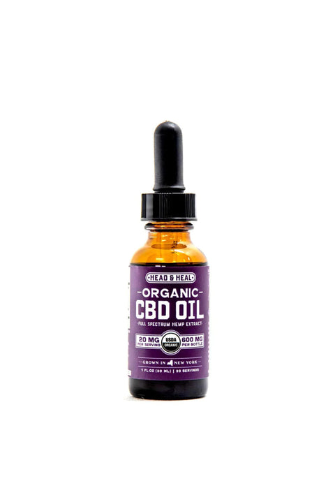 Head and Heal 600mg CBD tincture, Purple and amber bottle