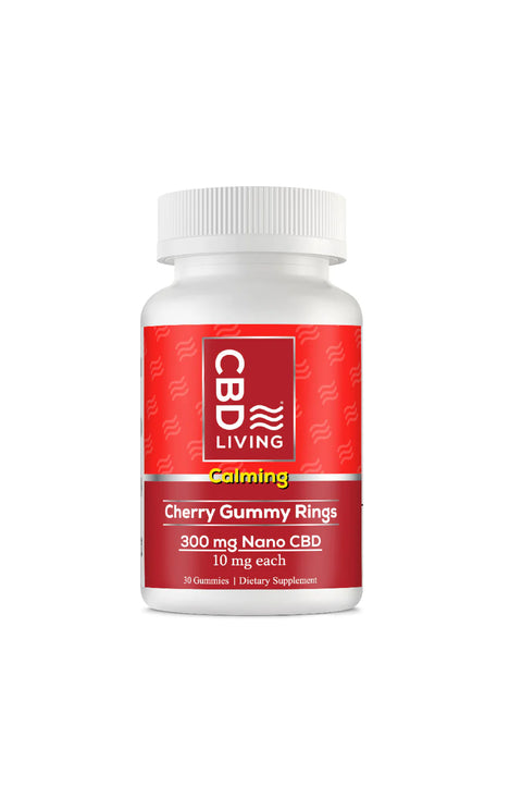 CBD Living Cherry Gummy Rings, red and white jar