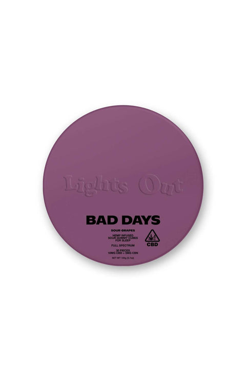 Lights Out Bad Days Gummies, Grape Flavor, purple tin with black lettering