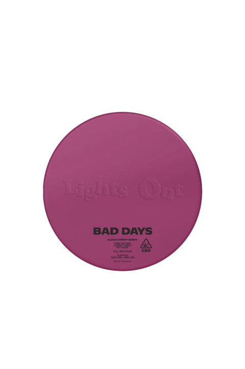 Bad Days lights out gummies, black cherry flavor, red tin with black letters