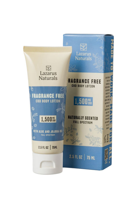 Lazarus Naturals Fragrance Free CBD body lotion, Blue and white package