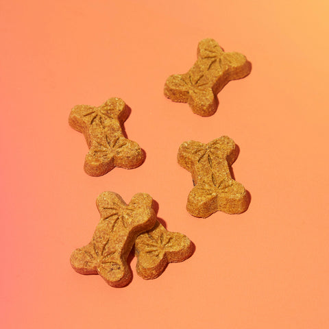 Lifestyle image of cbd dog treats on a surface, orange and pink background