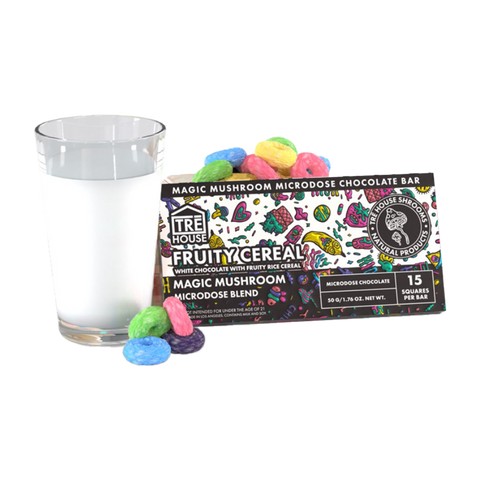 Tre House Fruity Cereal Mushroom Bar, 15 pieces per bar, black and white package with cartoons.