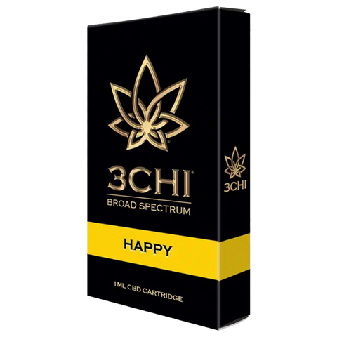 3 CHI Happy Blend CBD 510 cartridge. Black and gold package with yellow label.