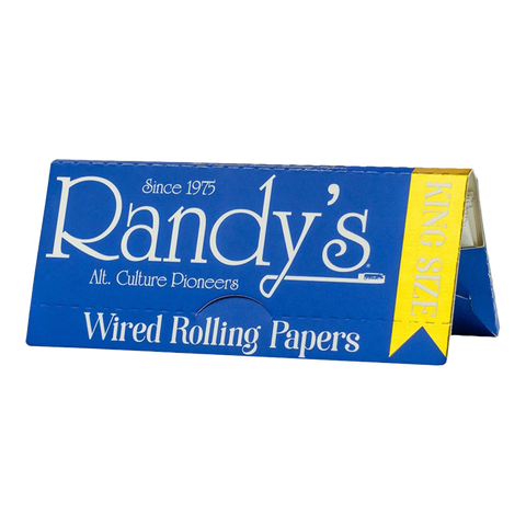 Randys king size wired rolling papers. blue package with white and gold accents.