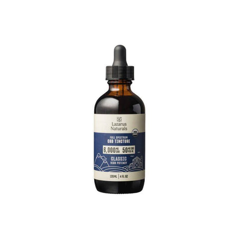 Lazarus Naturals Full Spectrum Classic CBD Tincture. 120ml. Amber Bottle, white and blue label. 