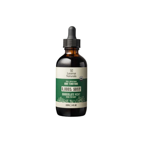Lazarus Naturals Full Spectrum Chocolate Mint CBD tincture. 120ml Amber Bottle, White and Green Label.