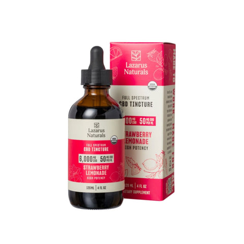 Lazarus Naturals Full Spectrum Strawberry Lemonade CBD Tincture. 120ml, Amber Bottle pink and white label.