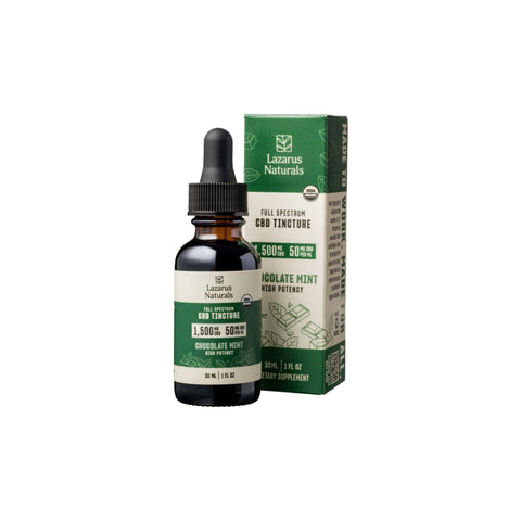 Lazarus Naturals full spectrum chocolate mint CBD tincture. 30ml. Amber bottle white and green label.