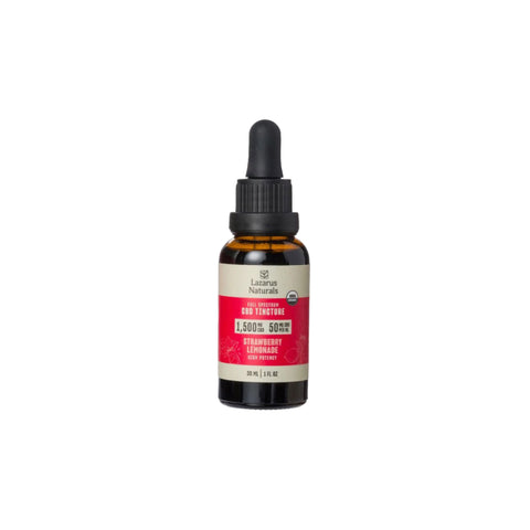 Lazarus Naturals Full Spectrum Strawberry Lemonade CBD tincture. 30ml. Amber Bottle white and pink label.