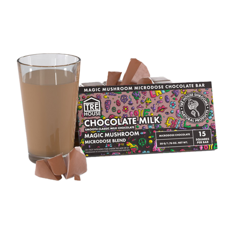 Tre House Chocolate Milk Magic Mushroom bar. Pink and brown package.