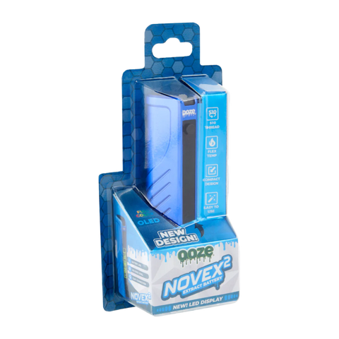 Ooze Novex 510 Vape Battery in Blue. White, blue, and clear packaging.