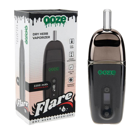 Ooze Flare Dry Herb Vape. Black device with black and white box.