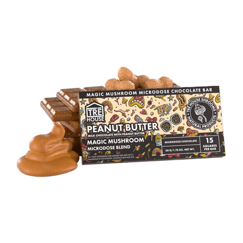 Tre House Peanut Butter Mushroom Bar, 15 Pieces Per Bar, Brown and Black Package with Cartoons.