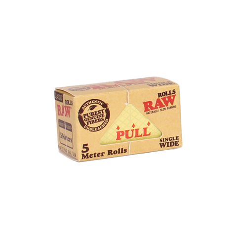 RAW Classic Single Side 5 meter roll. tan package with red and black letters.