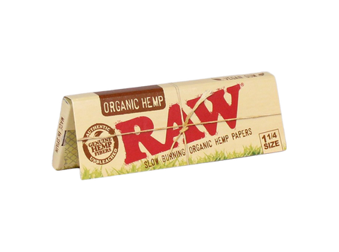RAW Organic Hemp 1.25 size papers. tan package with red and brown letters.