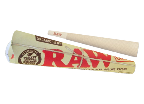 RAW Organic Hemp 1.25 size cones. 6 pack. White package with red and brown letters.