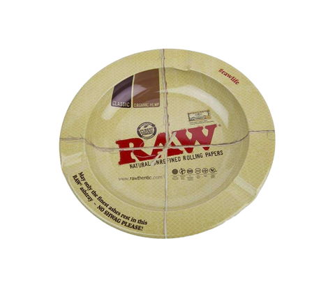 RAW Magnetic circular Ash Tray. Tan product with red and black letters.