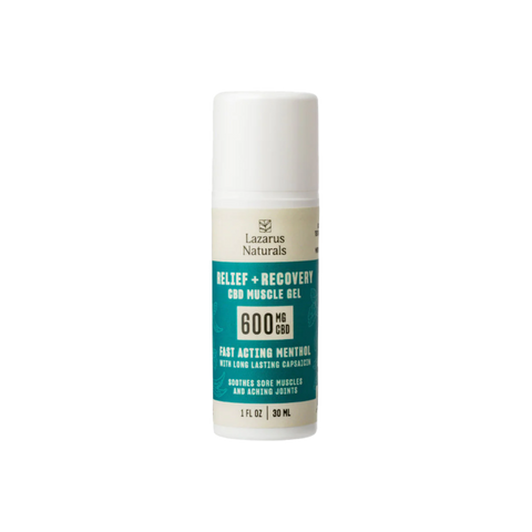 Lazarus Naturals Relief and Recovery CBD Muscle Gel. 600mg. White container with green label.