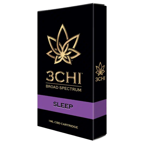 3 CHI Sleep blend CBD 510 Vape Cartridge. Black and Gold package with purple label.