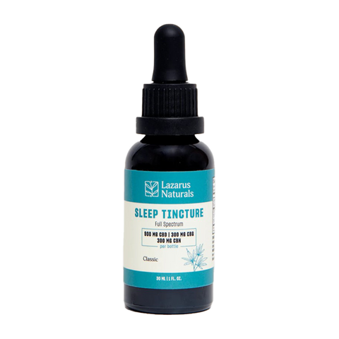 Lazarus Naturals Sleep CBD Tincture. 1 fl oz blue and white label on an amber bottle
