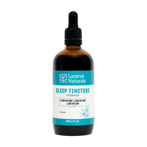 Lazarus Naturals CBD Sleep tincture 4 fl oz white and blue label on an amber bottle.