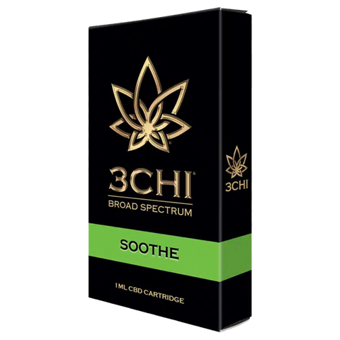 3 CHI Soothe 1ml CBD 510 Vape Cartridge. Black and gold package with green label.