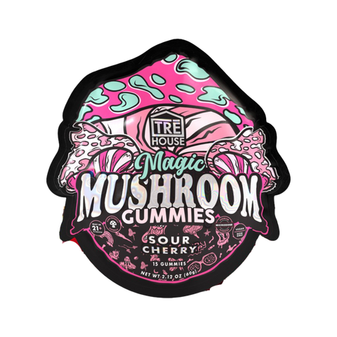 Tre House Sour Cherry Mushroom Gummies. 15 Gummies per package black and pick bag.