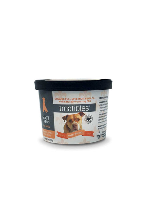 Treatibles soft dog chews, sweet potato flavor, orange and black container.
