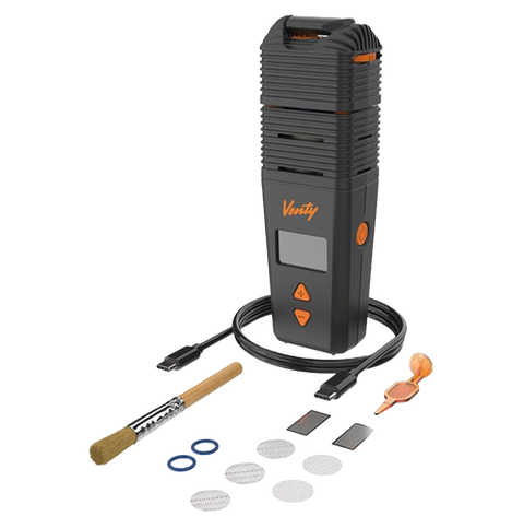 Storz and Bickel Venty Vape kit. Device and accessories. Black color with orange accents.