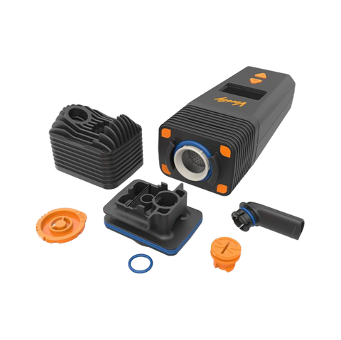 Storz and Bickel Venty Vape device showing components. Black color with orange accents.