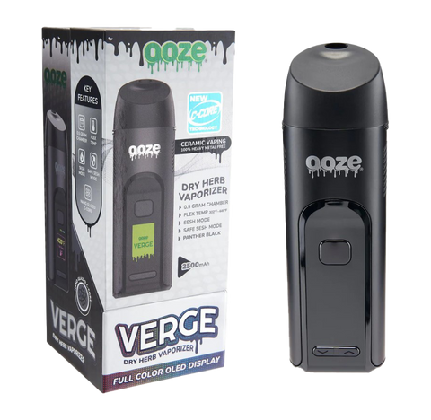 Image showing the Verge Dry Herb Vaporizer. Black device, black and white packaging.