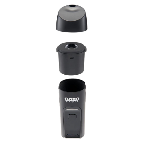 Image showing the Verge Dry Herb Vaporizer separated into its parts. device, oven, and mouthpiece. Black device.