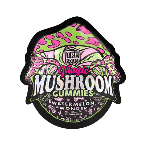 Tre House Watermelon Wonder Flavor Mushroom Gummies. 15 count. pink, green, and black bag with cartoons.