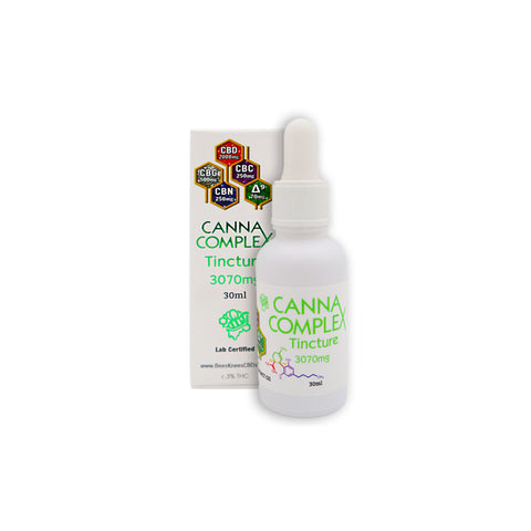 Cannacomplex 3070 cannabinoid tincture. White bottle with green lettering
