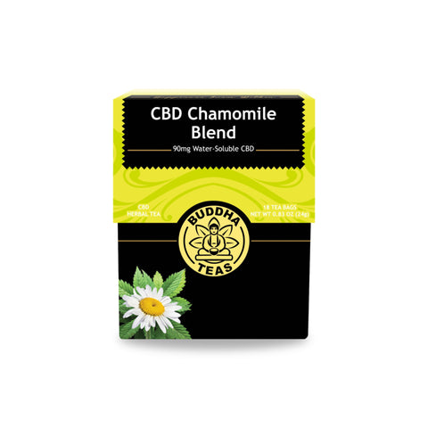 Buddha Tea Chamomile CBD tea. yellow and black box