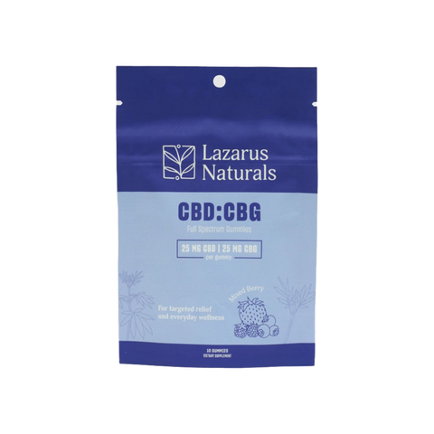 Lazarus Naturals CBD:CBG 25mg gummies 10 pack. Blue bag.